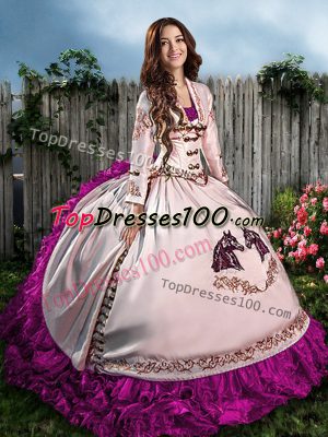 Fuchsia Ball Gowns Embroidery Quinceanera Gowns Lace Up Organza Sleeveless Floor Length