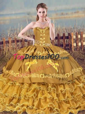 Brown Organza Lace Up Quince Ball Gowns Sleeveless Brush Train Embroidery and Ruffles