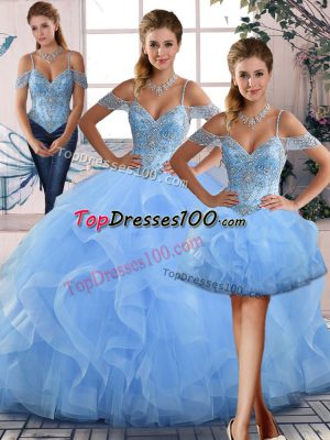 Chic Blue Tulle Lace Up Quinceanera Dresses Sleeveless Floor Length Beading and Ruffles