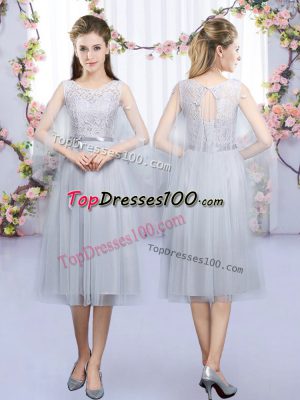 Luxurious Tea Length Grey Damas Dress Tulle Sleeveless Lace and Belt