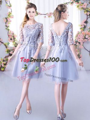 Fantastic Mini Length A-line Half Sleeves Grey Wedding Guest Dresses Lace Up