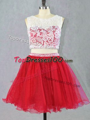 Scoop Sleeveless Prom Dress Mini Length Lace and Appliques Red Organza