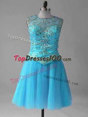 Aqua Blue Scoop Neckline Beading and Sequins Prom Evening Gown Sleeveless Lace Up