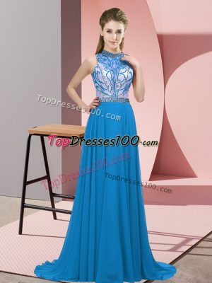 On Sale Blue Empire Chiffon Halter Top Sleeveless Beading Backless Evening Party Dresses Brush Train