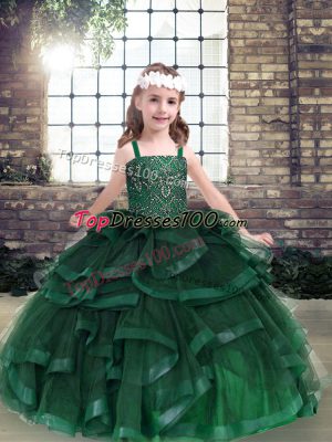 Sleeveless Floor Length Beading and Ruffles Lace Up Little Girls Pageant Dress with Green