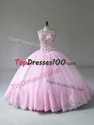Low Price Baby Pink Lace Up Scoop Beading and Appliques Sweet 16 Dress Tulle Sleeveless