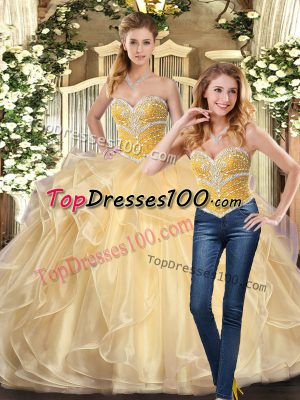 Fashionable Champagne Lace Up Vestidos de Quinceanera Beading and Ruffles Sleeveless Floor Length