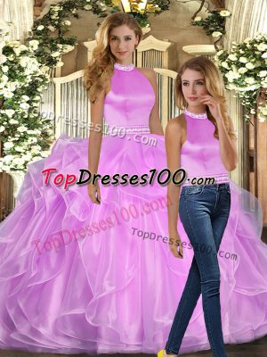 Sophisticated Organza Halter Top Sleeveless Backless Beading and Ruffles Quinceanera Dresses in Lilac