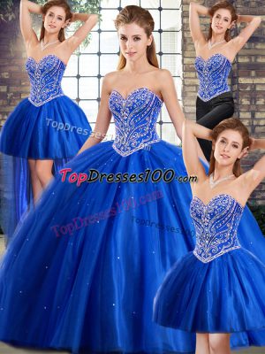Blue Sweet 16 Dresses Tulle Brush Train Sleeveless Beading