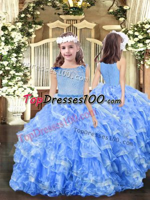 Blue Ball Gowns Scoop Sleeveless Organza Floor Length Zipper Beading and Ruffles Girls Pageant Dresses