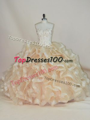 Champagne Ball Gowns Sweetheart Sleeveless Floor Length Lace Up Beading and Ruffles 15th Birthday Dress