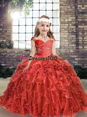 Dazzling Red Sleeveless Floor Length Beading and Ruffles Lace Up Pageant Dress Toddler