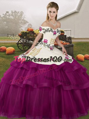 Fuchsia Lace Up Off The Shoulder Embroidery and Ruffled Layers Quinceanera Dresses Tulle Sleeveless Brush Train