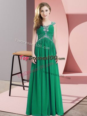 Cap Sleeves Chiffon Floor Length Lace Up Homecoming Dress in Green with Beading