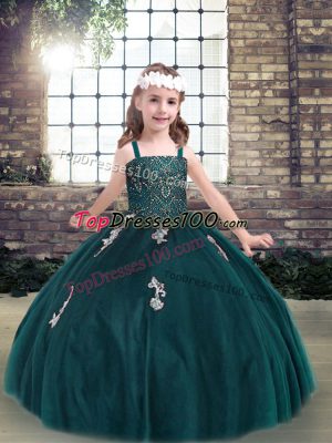 Latest Teal Ball Gowns Appliques Kids Formal Wear Lace Up Tulle Sleeveless Floor Length