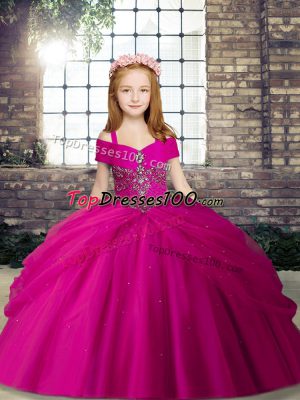 Floor Length Fuchsia Little Girls Pageant Gowns Straps Sleeveless Lace Up
