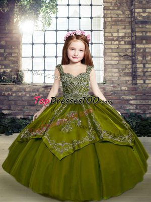 Superior Floor Length Olive Green Pageant Dress for Teens Organza Sleeveless Beading and Embroidery