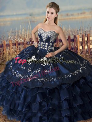 Edgy Sweetheart Sleeveless Quince Ball Gowns Floor Length Embroidery and Ruffles Navy Blue Satin and Organza