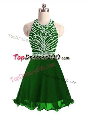 Green Lace Up Prom Gown Beading Sleeveless Mini Length