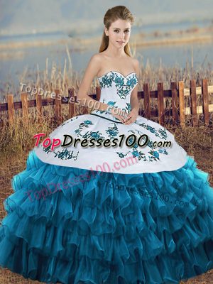 Custom Fit Embroidery and Ruffled Layers and Bowknot 15 Quinceanera Dress Blue And White Lace Up Sleeveless Floor Length
