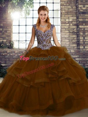 Brown Tulle Lace Up Sweet 16 Dress Sleeveless Floor Length Beading and Ruffles