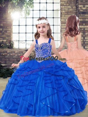 Superior Royal Blue Ball Gowns Straps Sleeveless Tulle Floor Length Lace Up Beading and Ruffles Little Girl Pageant Dress