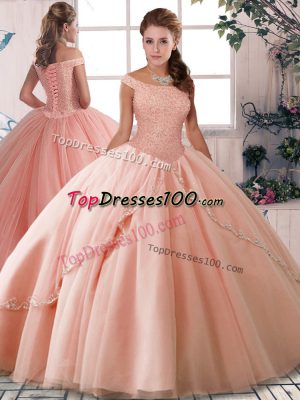 High Class Off The Shoulder Sleeveless Brush Train Lace Up 15 Quinceanera Dress Peach Tulle