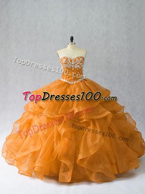 Orange Sleeveless Beading and Ruffles Floor Length Ball Gown Prom Dress