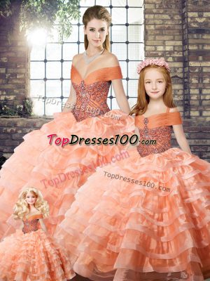 Gorgeous Off The Shoulder Sleeveless Organza Sweet 16 Quinceanera Dress Beading and Ruffled Layers Brush Train Lace Up