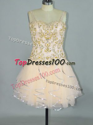 Champagne Lace Up Spaghetti Straps Beading and Ruffles Prom Dress Tulle Sleeveless