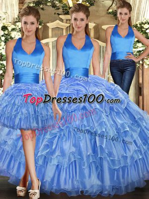 Glorious Sleeveless Floor Length Lace Up Sweet 16 Quinceanera Dress in Baby Blue with Ruffles and Pick Ups