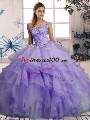 Clearance Lavender Ball Gowns Off The Shoulder Sleeveless Organza Floor Length Lace Up Beading and Ruffles Quinceanera Gowns