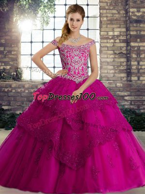 Romantic Fuchsia Lace Up Quince Ball Gowns Beading and Lace Sleeveless Brush Train