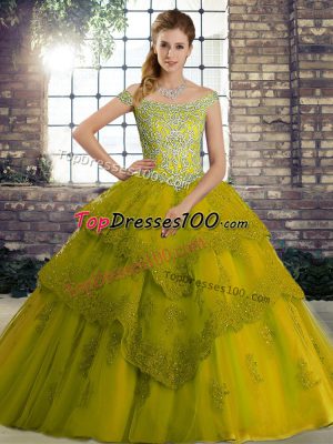Inexpensive Sleeveless Tulle Brush Train Lace Up Ball Gown Prom Dress in Olive Green with Beading and Lace