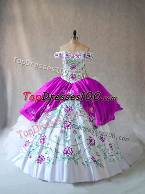 Organza Off The Shoulder Sleeveless Lace Up Embroidery and Ruffles Quinceanera Dress in White And Purple
