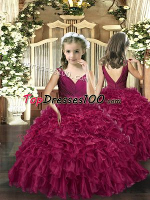 Affordable Floor Length Burgundy Little Girls Pageant Dress Organza Sleeveless Beading and Ruffles