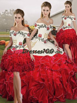 Pretty White And Red 15th Birthday Dress Military Ball and Sweet 16 and Quinceanera with Embroidery and Ruffles Off The Shoulder Sleeveless Lace Up