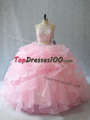 Baby Pink Two Pieces Beading and Ruffles Quinceanera Gowns Backless Organza Sleeveless