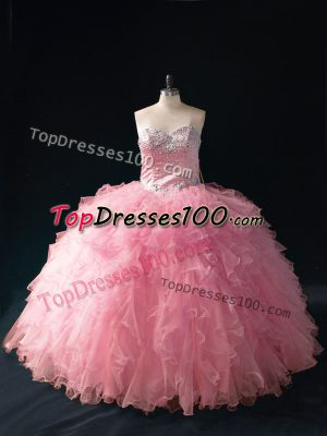Tulle Sweetheart Sleeveless Lace Up Beading and Ruffles Vestidos de Quinceanera in Pink