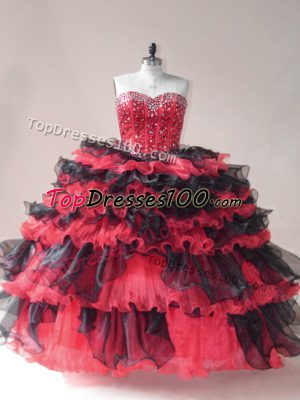 Pretty Red And Black Ball Gowns Organza Sweetheart Sleeveless Beading and Ruffled Layers Floor Length Lace Up Vestidos de Quinceanera