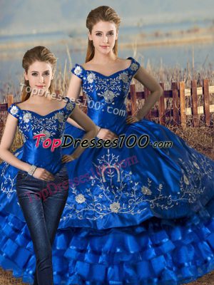Royal Blue Off The Shoulder Lace Up Embroidery and Ruffled Layers Quince Ball Gowns Sleeveless