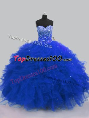 Sweetheart Sleeveless Quinceanera Dresses Floor Length Beading and Ruffles Royal Blue Tulle