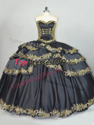 Delicate Black Ball Gowns Satin Sweetheart Sleeveless Embroidery Floor Length Lace Up Quinceanera Dresses