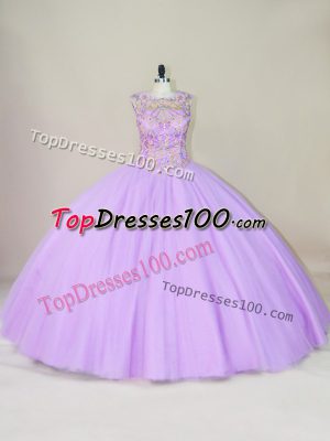 Sleeveless Tulle Floor Length Lace Up Quinceanera Dresses in Lavender with Beading