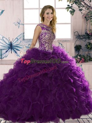 Purple Quinceanera Dresses Military Ball and Sweet 16 and Quinceanera with Beading and Ruffles Scoop Sleeveless Lace Up