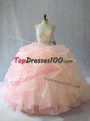 Peach Sweet 16 Dresses Organza Brush Train Sleeveless Beading and Ruffles