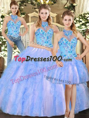 Multi-color Tulle Lace Up Halter Top Sleeveless Floor Length Sweet 16 Dress Embroidery