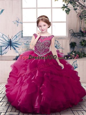 Beading and Ruffles Girls Pageant Dresses Fuchsia Zipper Sleeveless Floor Length