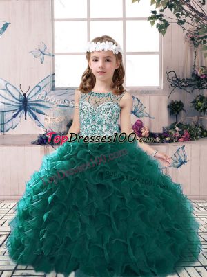 Scoop Sleeveless Lace Up Kids Formal Wear Peacock Green Organza