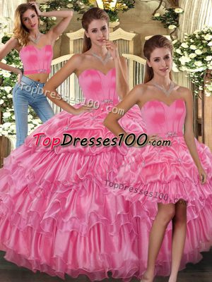 Luxurious Rose Pink Organza Lace Up 15 Quinceanera Dress Sleeveless Floor Length Ruffled Layers and Pick Ups